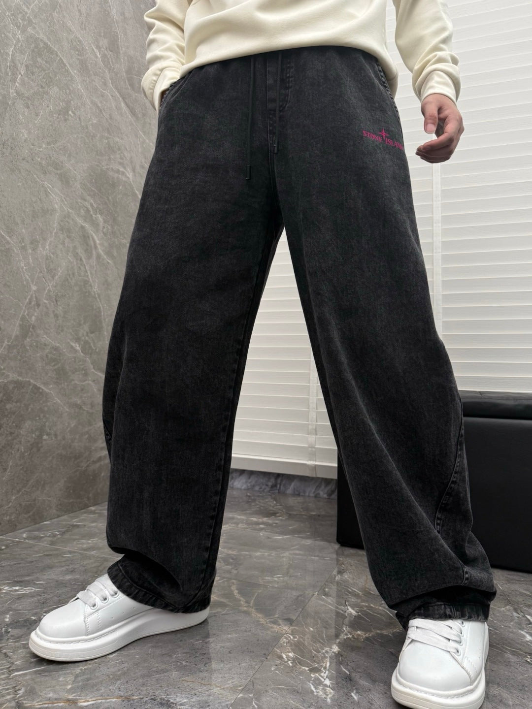 Wide-leg denim pants, dark wash, elastic drawstring waist and roomy straight legs.