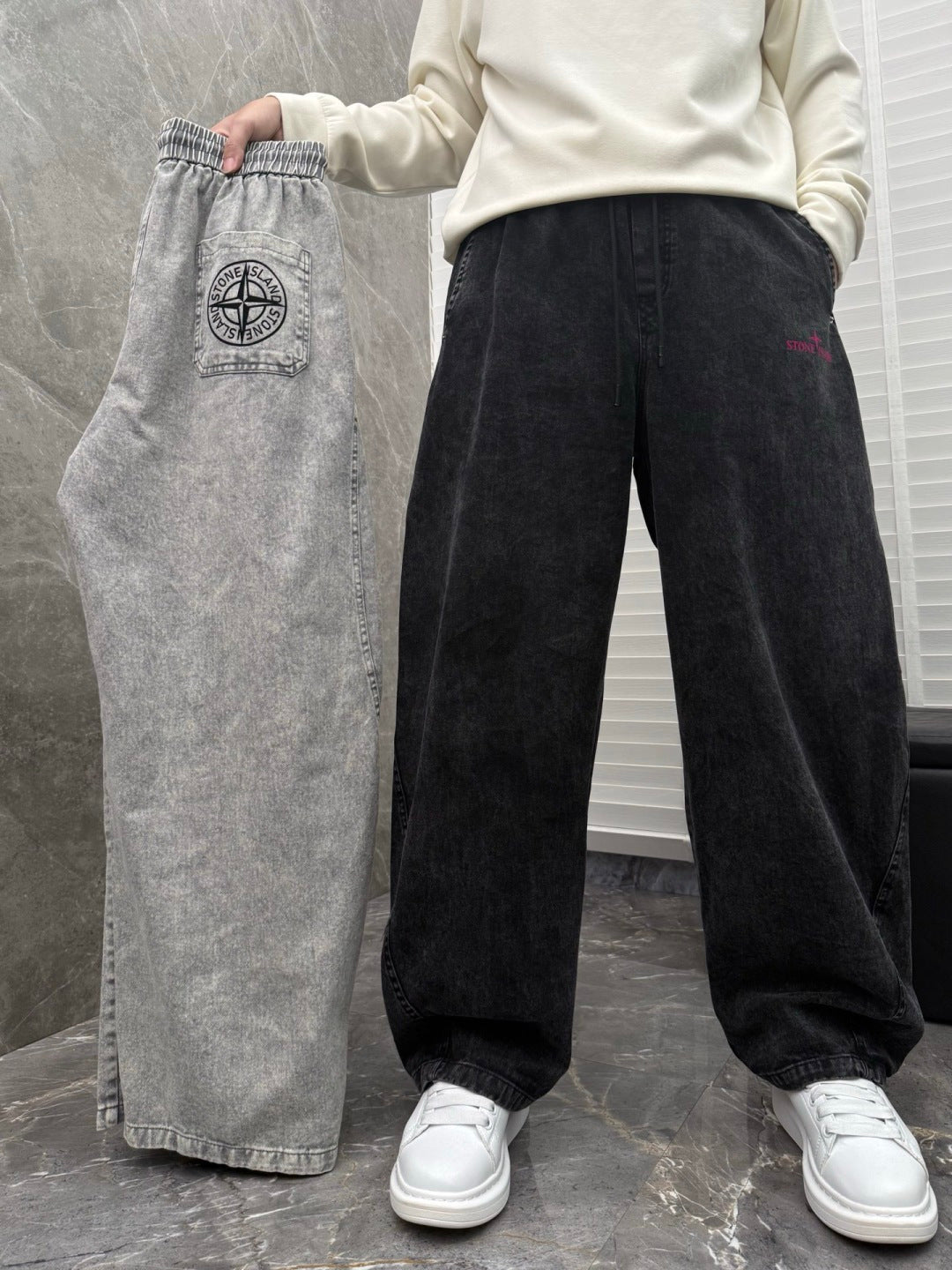 Wide-leg denim pants set: one black and one washed gray, both with elastic drawstring waist.