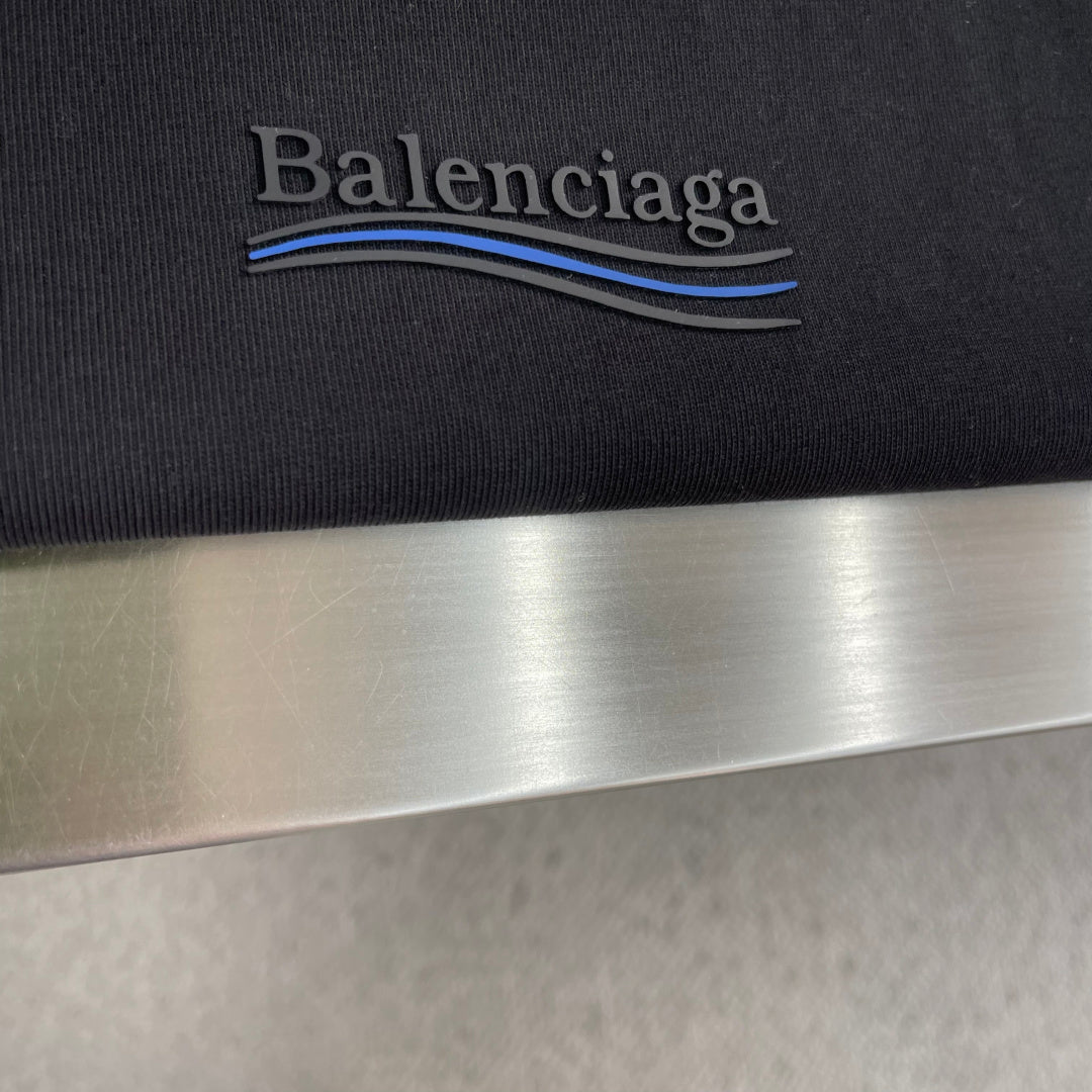 Balenciaga black crewneck sweatshirt chest logo with blue stripe
