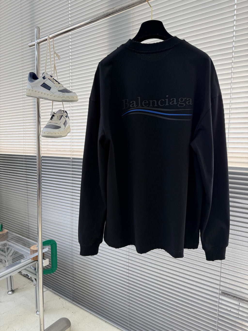 Balenciaga black crewneck long-sleeve sweatshirt back view with logo