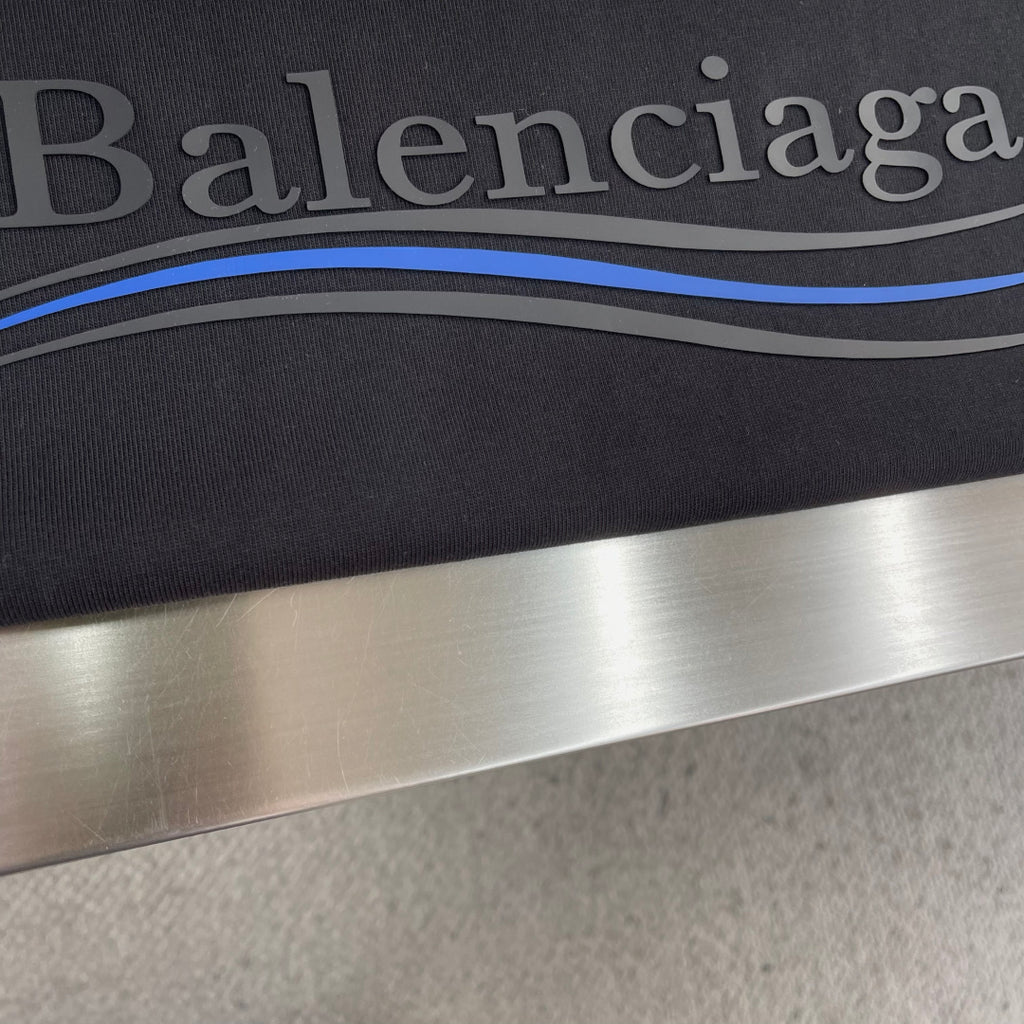 Balenciaga black sweatshirt logo graphic with blue and gray stripes