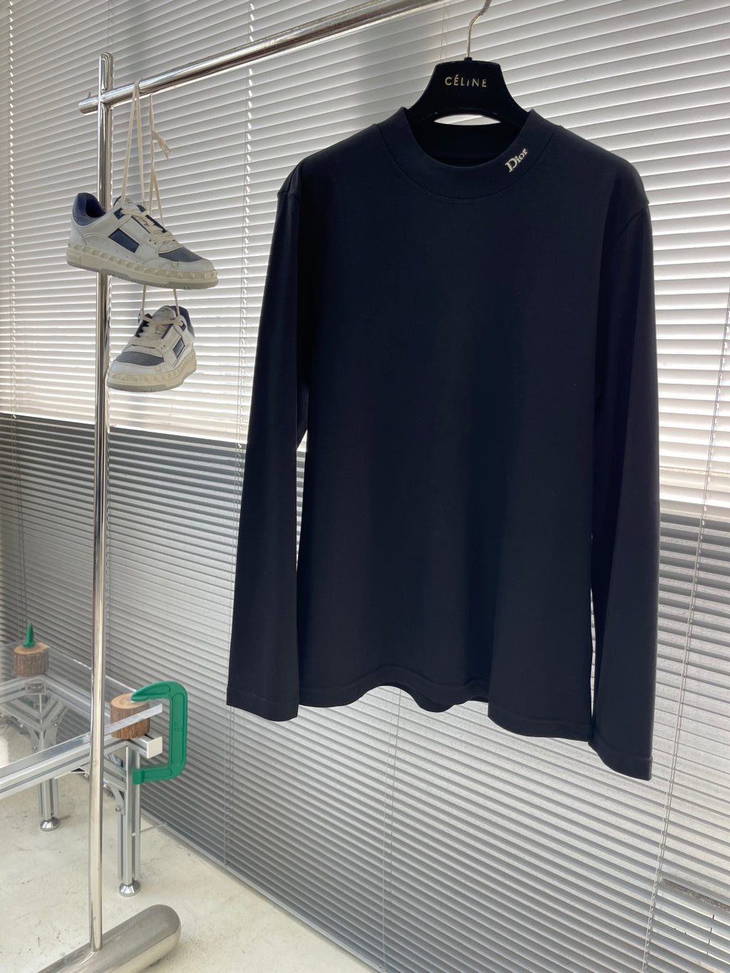 Dior long-sleeve shirt with crew neck, dark navy color on hanger