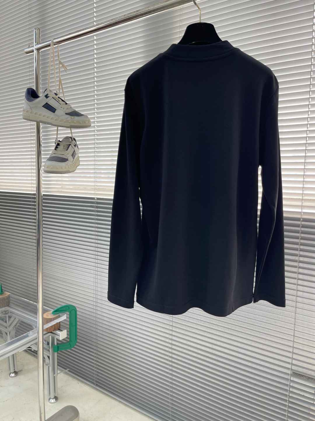 Dior long-sleeve shirt back view with crew neck, dark navy fabric
