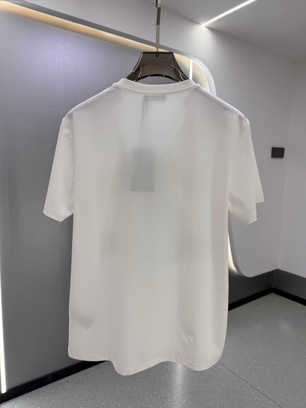 White crew-neck T-shirt, plain back view on hanger