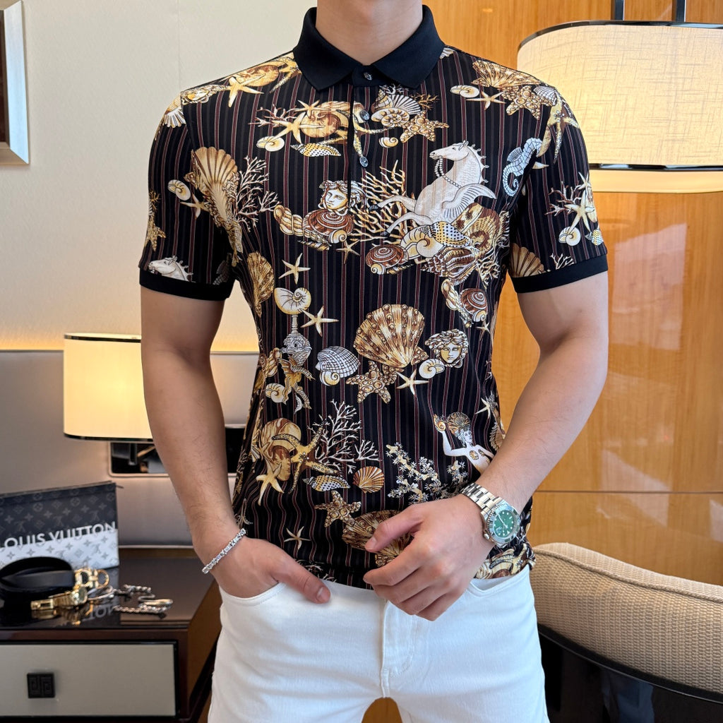 Short-sleeve polo shirt with dark vertical stripes and ornate seashell graphic