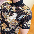 Short-sleeve polo shirt close-up with dark stripes and gold starfish and seashells