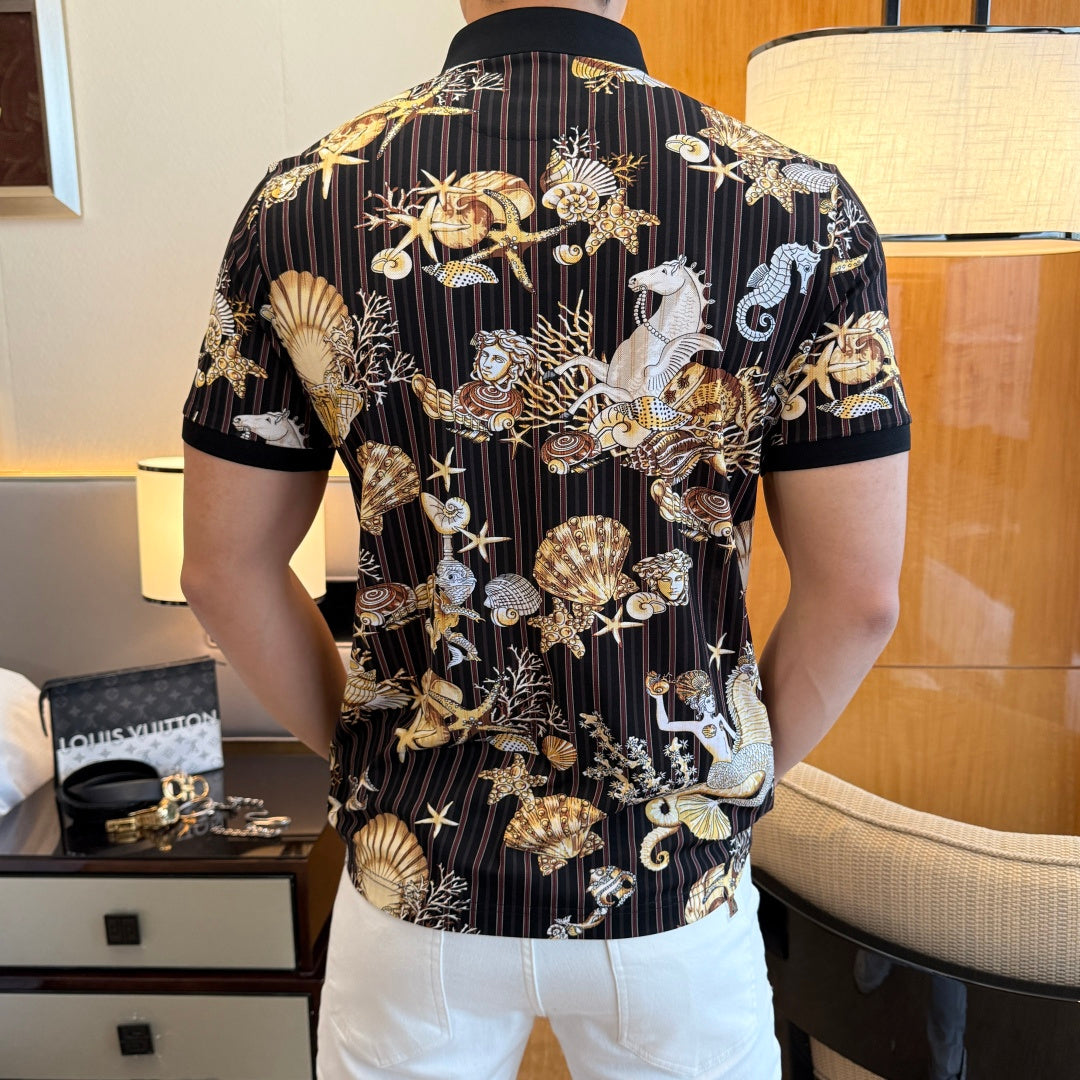 Back view of short-sleeve polo shirt with dark vertical stripes and seashell graphic