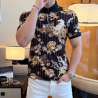 Short-sleeve polo shirt with black collar and seashell, starfish and dolphin print