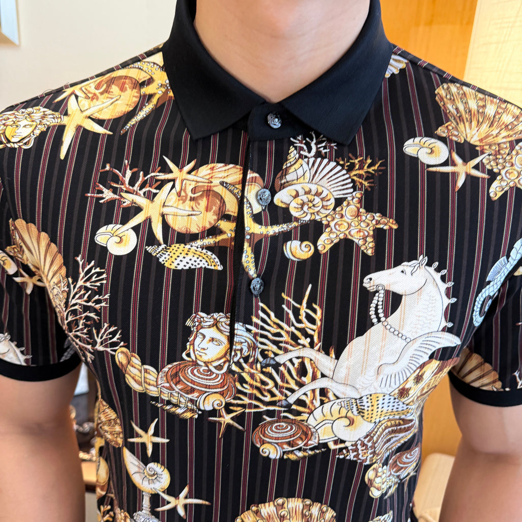 Short-sleeve polo shirt collar and marine print with white dolphin and seashells