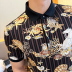 Short-sleeve polo shirt chest close-up with seashell, starfish and dolphin illustration