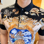 Versace polo shirt close-up: black button placket with gold and blue figurative print