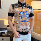 Versace polo shirt with black collar and large blue-and-gold crest front print