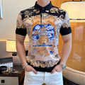 Versace polo shirt with black collar and ornate gold, blue, and cream print