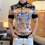Versace polo shirt with black collar and ornate gold, blue, and cream print