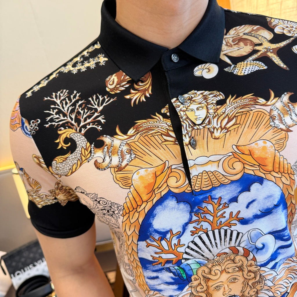 Versace polo shirt close-up: black base with gold, orange, and blue baroque print