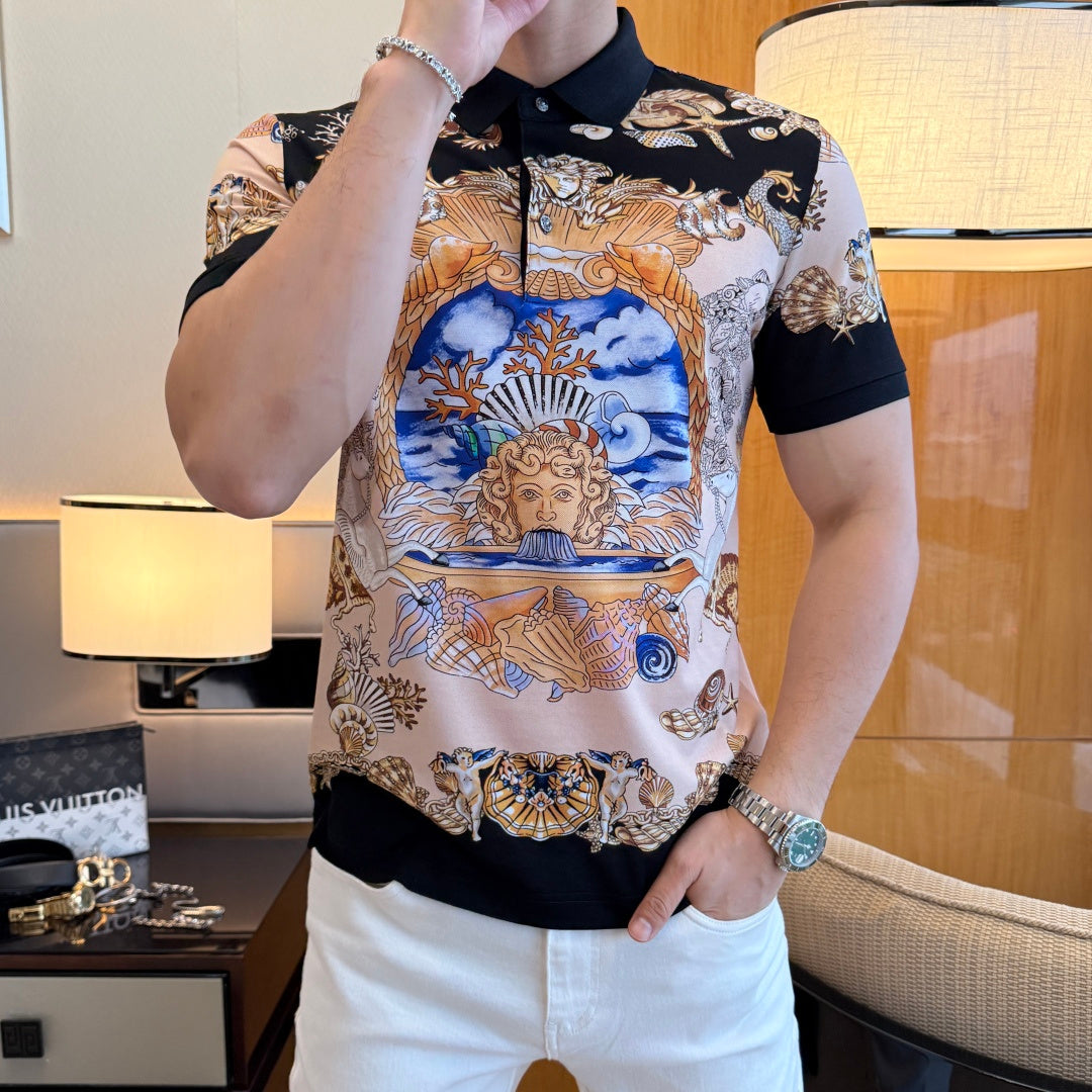 Versace polo shirt with black collar and ornate gold, blue, and cream graphic