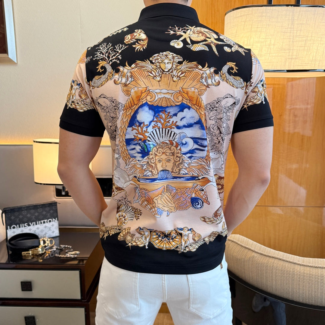 Versace polo shirt back view with large blue-and-gold crest graphic and black trim