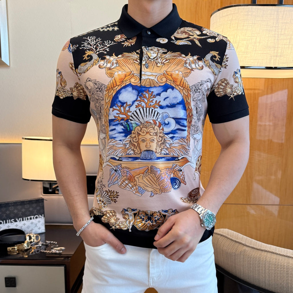 Versace polo shirt with black collar and gold, blue, and cream fantasy scene print