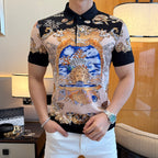 Versace polo shirt with black collar and gold, blue, and cream fantasy scene print