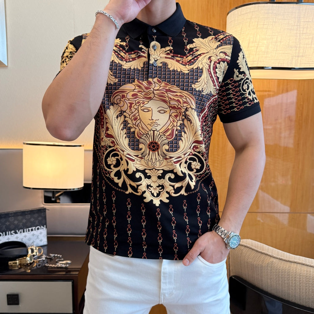 Polo shirt with gold-red baroque face motif on black, open collar view, short sleeves