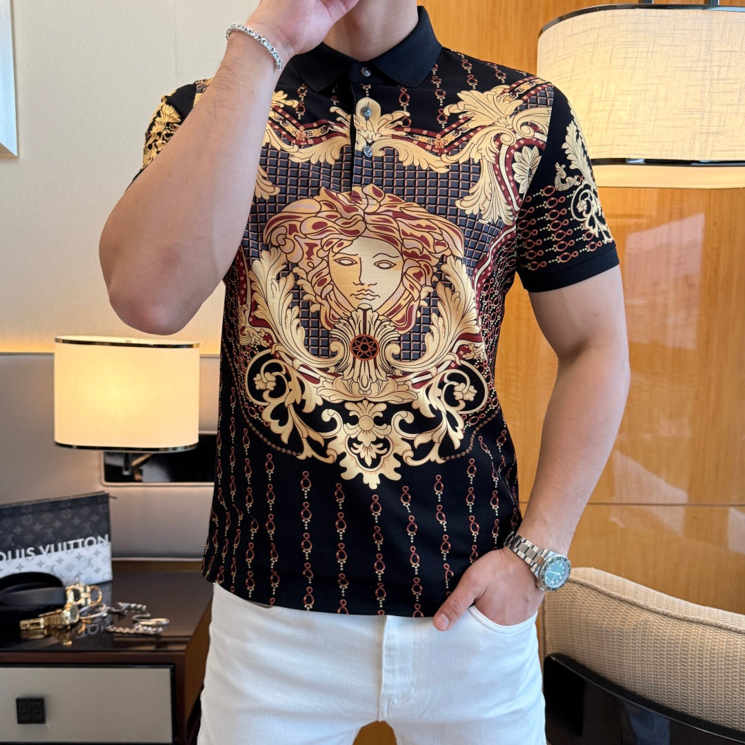 Polo shirt with gold-red baroque face motif on black, open collar view, short sleeves