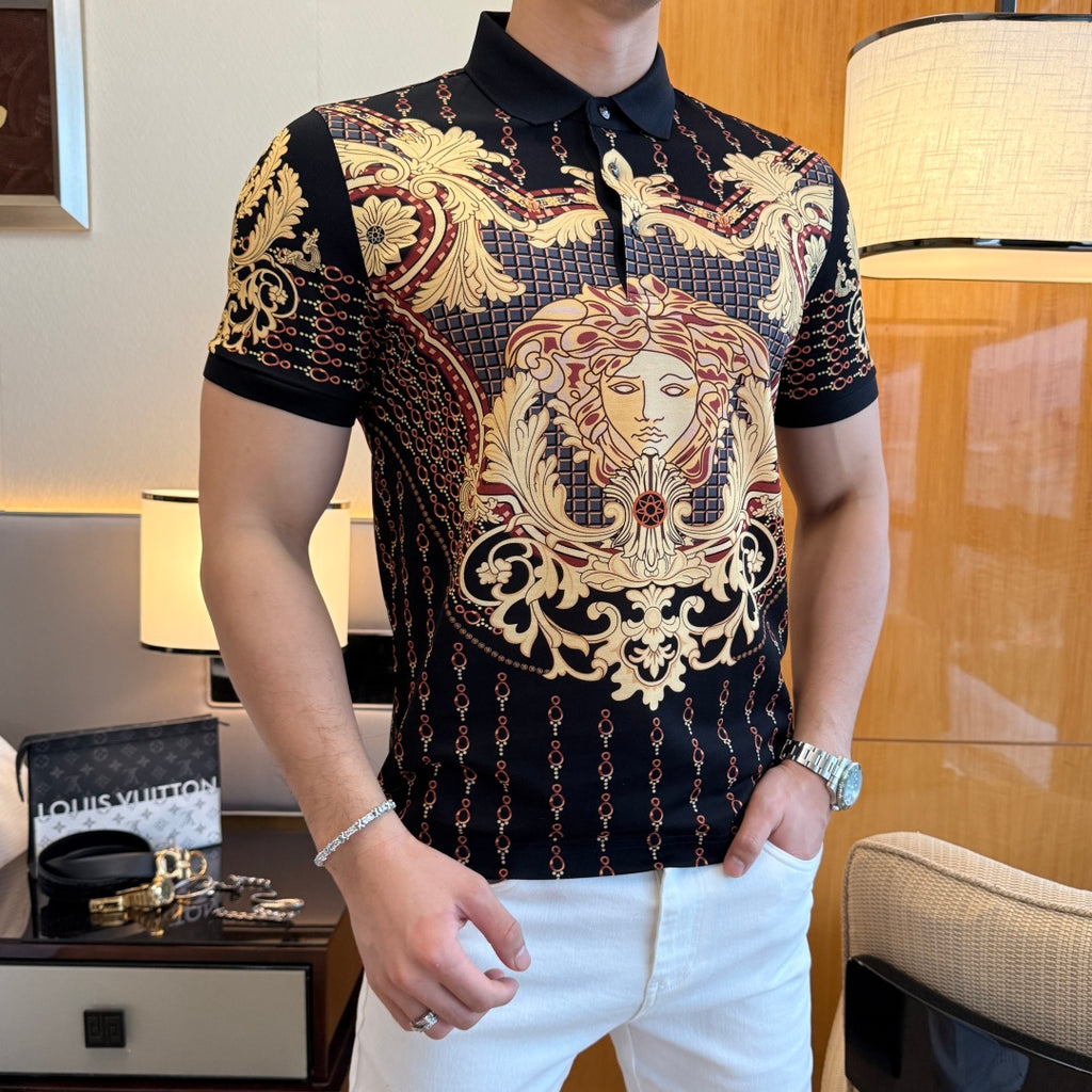 Polo shirt with gold-red baroque face print on black, front half view, short sleeves