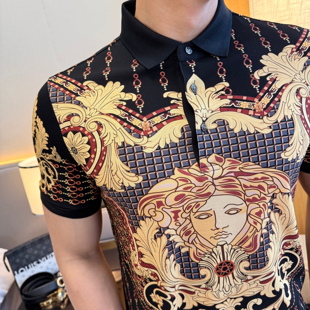 Polo shirt close-up: gold-red baroque face motif and chain patterns on black knit