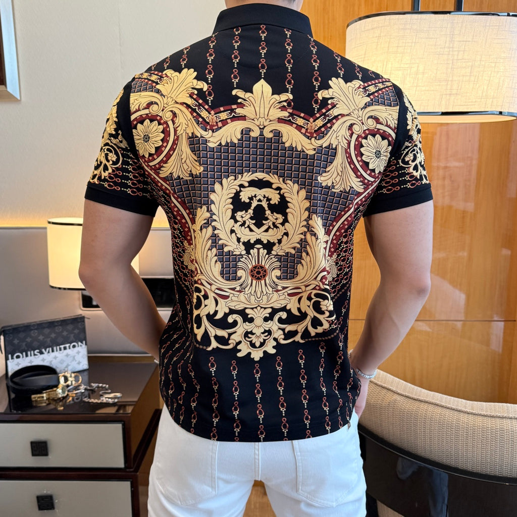 Back view polo shirt with gold baroque crest on dark fabric, short sleeves and collar