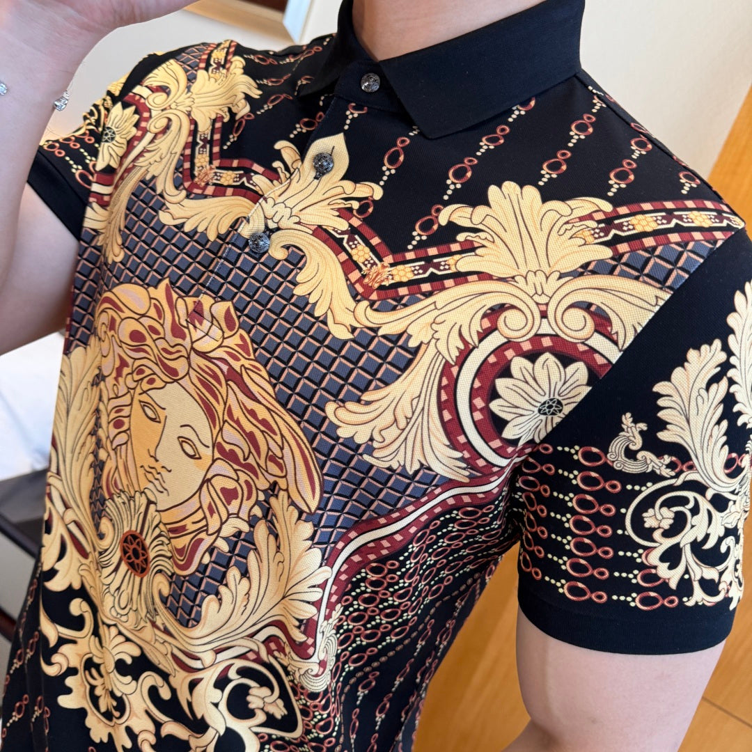 Polo shirt side view with gold baroque scrolls and chain details on black fabric