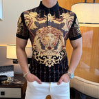 Versace polo shirt with black base and gold-red baroque face print, short sleeves