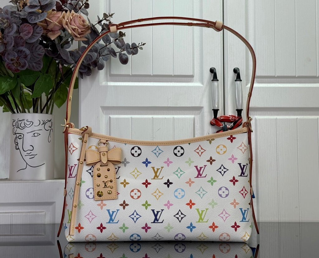Louis Vuitton monogram tote bag with tan handles and colorful multistyle logo print