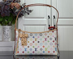 Louis Vuitton monogram tote bag with tan handles and colorful multistyle logo print
