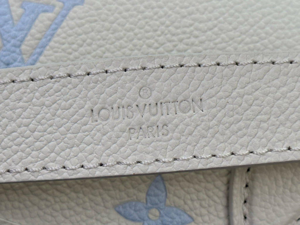 Louis Vuitton Paris embossed on white leather bag, blue monogram pattern