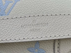 Louis Vuitton Paris embossed on white leather bag, blue monogram pattern
