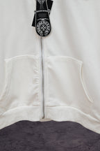 White hoodie front with full zipper, kangaroo pockets, and hanging cross charm