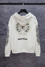 White long-sleeve zip hoodie with back crest graphic and patterned sleeve details