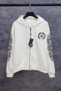 White long-sleeve zip hoodie with cross pendant charm and chest graphic print