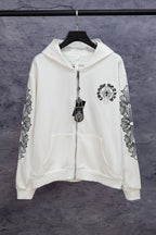 White long-sleeve zip hoodie with cross pendant charm and chest graphic print