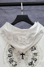 White zip-up hoodie upper back with arched script print and pearl bead embellishment