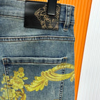 Versace jeans side pocket detail with gold baroque ornament print