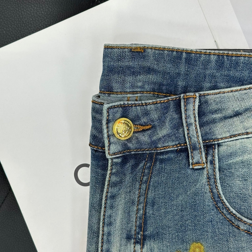 Versace blue denim jeans waistband with gold logo button