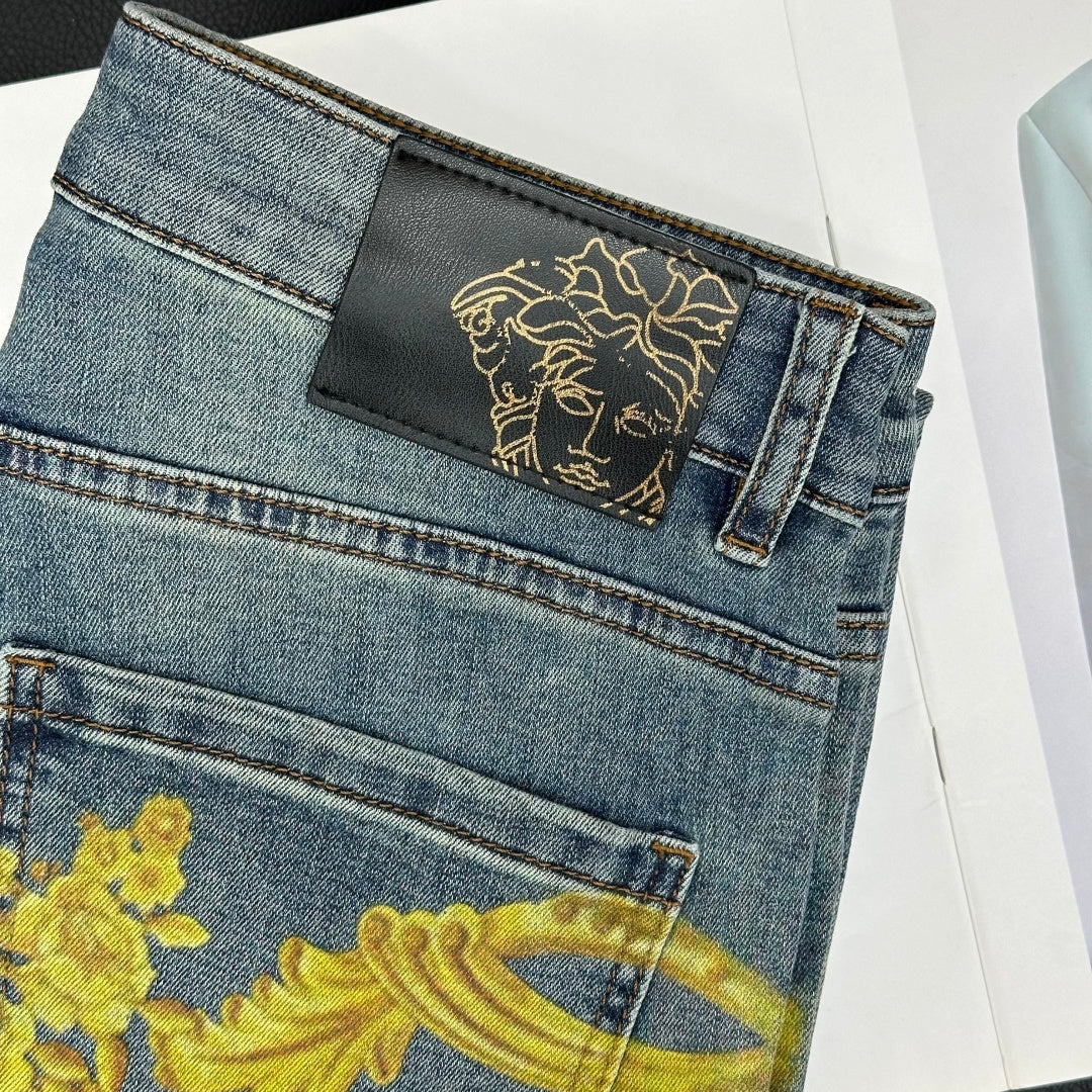 Versace blue denim jeans back waistband patch with gold line-art crest