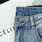Versace denim jeans back waist pocket with small round logo coin