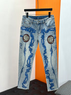 Blue baroque-print denim jeans with button fly and front pockets