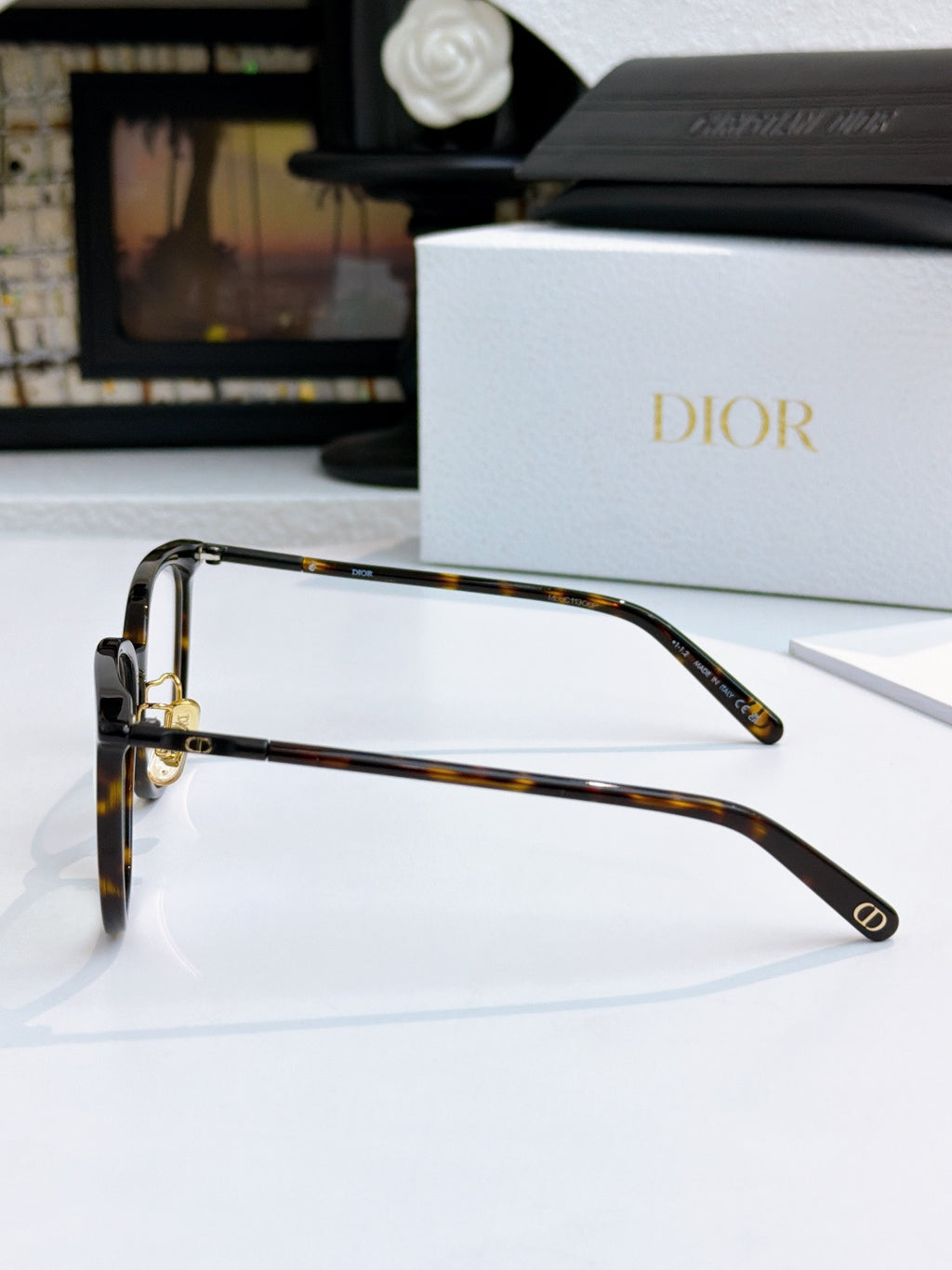 Tortoiseshell full-rim eyeglasses side profile with metal hinge details