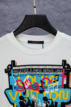 White Louis Vuitton T-shirt with round crew neck and large graphic panel print