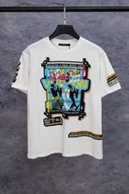 White Louis Vuitton graphic T-shirt with colorful Malletier print on chest