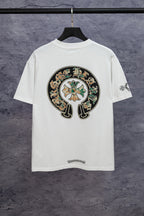 White short-sleeve T-shirt with large back circular graphic and sleeve logo