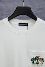 White short-sleeve T-shirt neckline with brand tag