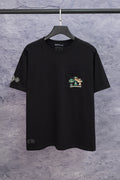 Black short-sleeve T-shirt with small chest logo patch
